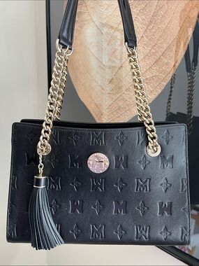 Metrocity Black Embossed Leather Shoulder Bag with Gold Chain